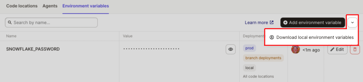 Highlighted Download local variables file in Environment Variables tab of Dagster Cloud